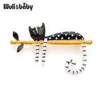 wulibaby lazy cat sitting on the tree enamel brooches for women and men bouquet pin 2019 new fashion jewelry