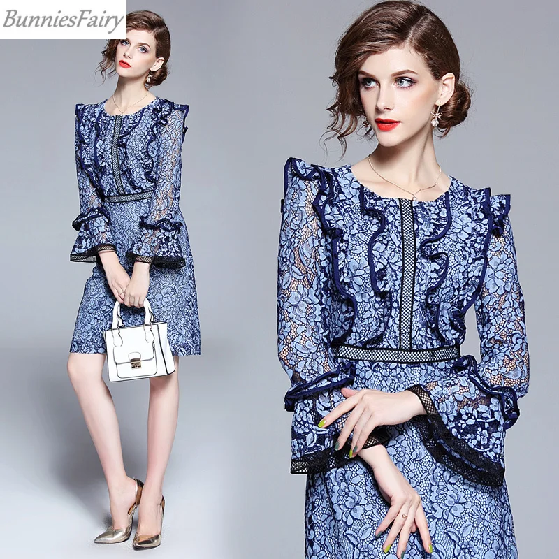 BunniesFairy 2019 весеннее женское милое голубое черное кружевное лоскутное платье