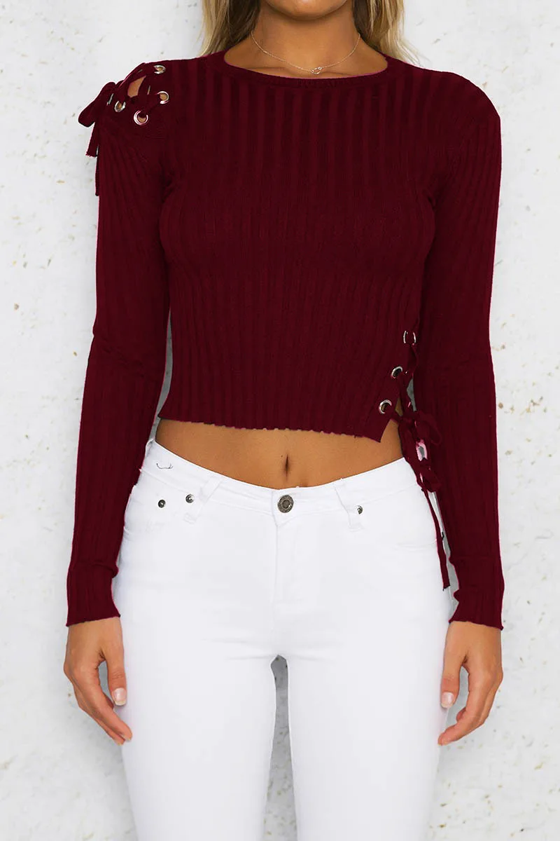 

Sexy Knitted Sweater Female Pullover Knitted Solid Short women sweaters and pullovers Long sleeve Criss-Cross Hole sweaters