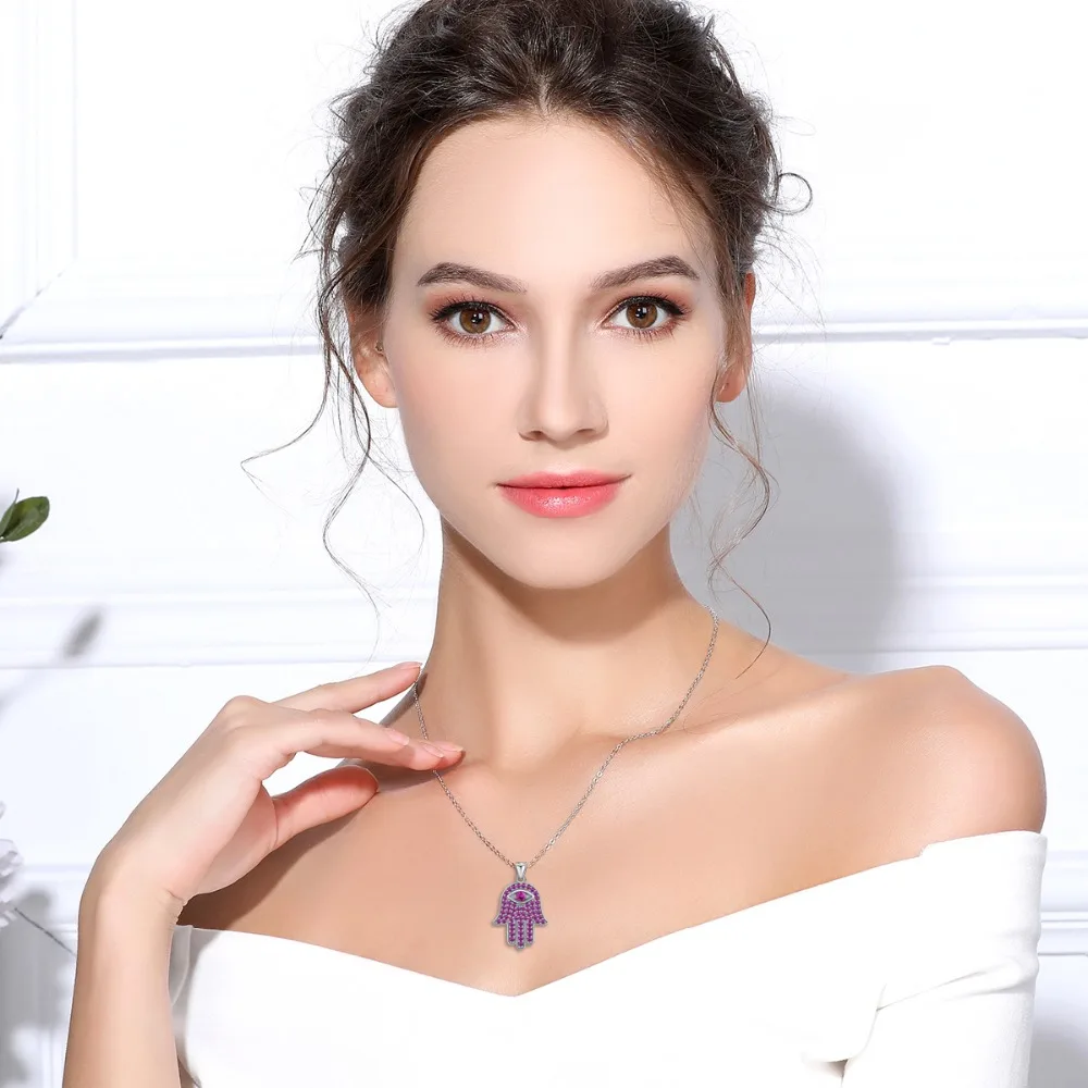 EUDORA 925 Sterling Silver Hamsa Hand Pendant Necklace Good Luck Purple CZ Charm Fine Jewelry Girl Birthday Surprise Gift D389 | Украшения