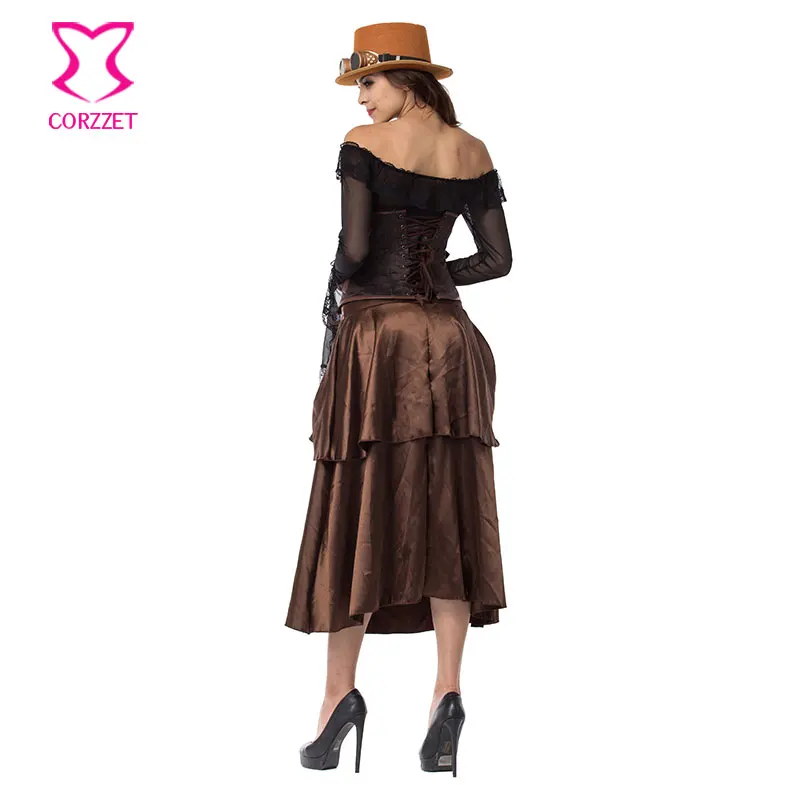 Коричневый корсет из парчовой стали с косточками комплект юбкой сексуальная