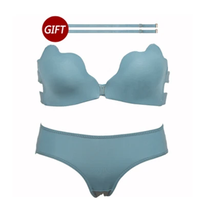 Green With Panties Женский бюстгальтер без бретелек с эффектом пуш-ап, бесшовный сексуальный бюстгальтер с открытой спиной и застежкой спереди, беспроводной бюстгальтер для маленькой груди, нижнее белье без бретелей - Цвет: Green With Panties