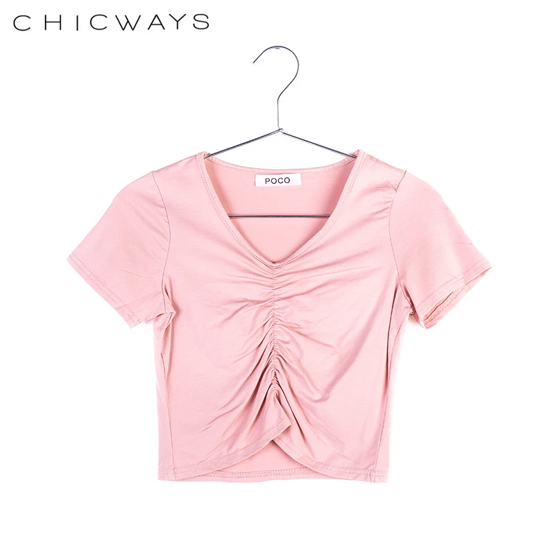 Chicways Женская мода футболка Sexy v-образным вырезом Ruched летняя с коротким рукавом