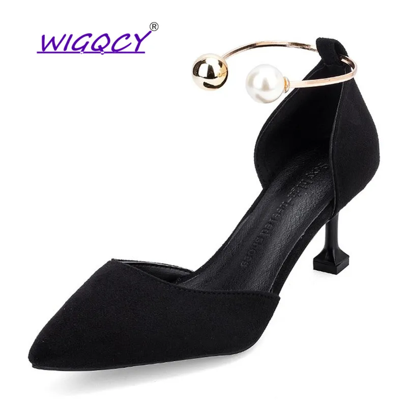 

High heels Pearl pumps women shoes 2019 Autumn summer shoes women Fashion Wild Pointed Hollow sandals women Slip-On Thin Heels
