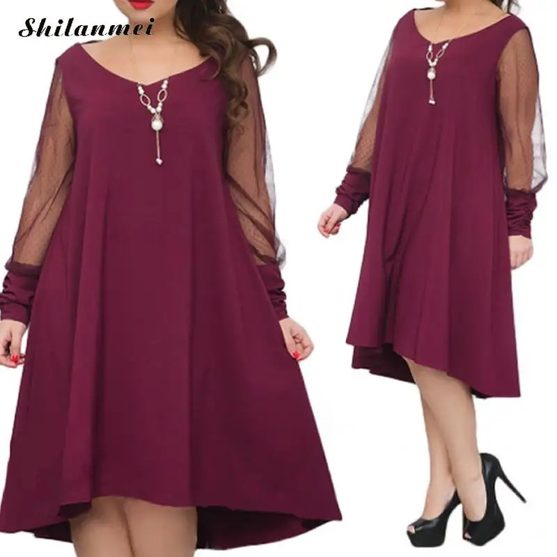 Casual Loose Midi Dress Women Plus Size 6XL 2018 Autumn Long Sleeve A-Line Dresses Summer Mesh Patchwork Irregular Vestidos Robe | Женская