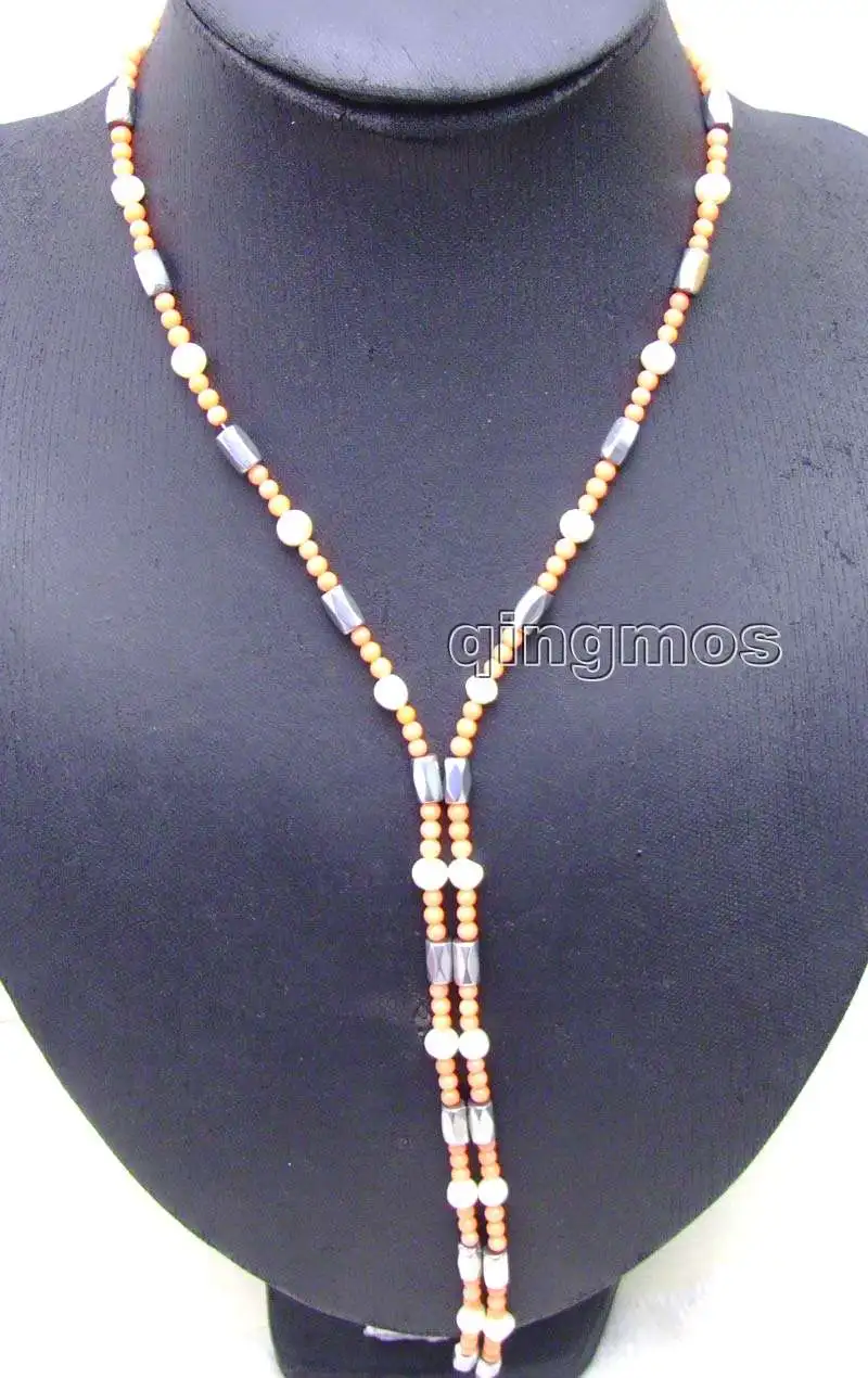 

SALE 3-4mm Pink Coral and 6-7mm White Pearl & White Hematite Magnetic 29'' Bracelet -nec6070 Wholesale/retail Free ship