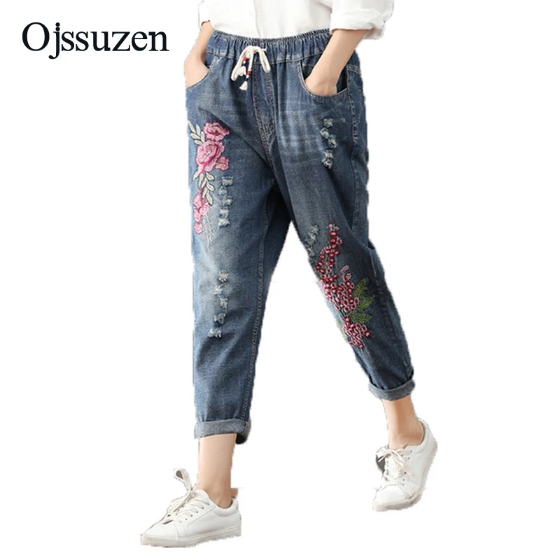 

New Boyfriend Jeans Female Harem Cowboy Pants Trousers Plus Size Women Denim Pants Embroidery Ripped Jeans Ladies Femme 2018