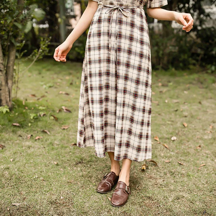 

Summer Women Elegant Plaid Midi Dress Notched Short Sleeve Vintage Vestidos Cotton Casual Loose Dress