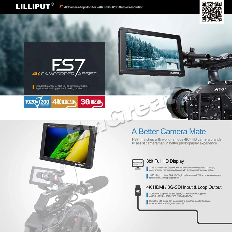 Lilliput FS7 7 дюймов Full HD 1920x1200 4K HDMI in/out 3G-SDI in/out On camera видео полевой монитор для sony PXW-FS7/EVA1/Gimbal