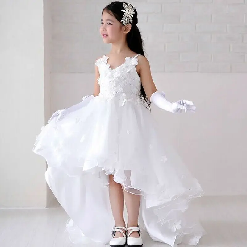 Children Short Front Long Back Wedding Dress with Flower Lace Train Prom White Kid Girl Formal Dresses Size 3 To 12 14 | Детская одежда