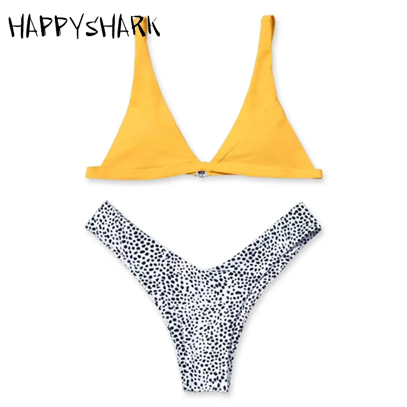 HAPPYSHARK 2018 New Brazilian Bikinis Set Women Cobblestone Printed Swimsuit High Cut Thong Biquinis Yellow Swimwear |