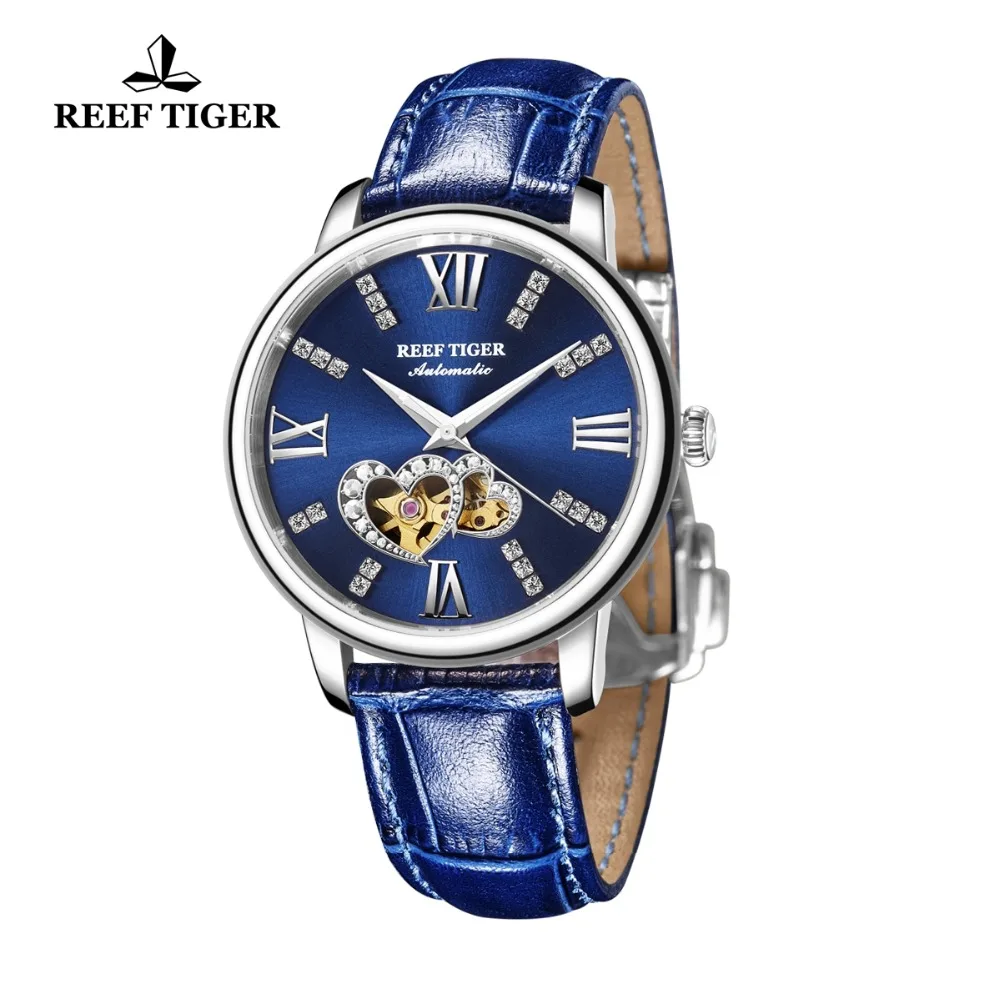Reef Tiger/RT Luxury Brand Women Watches Steel All Blue Watches Leather Strap Diamond Watches Reloj Mujer RGA1580 enlarge