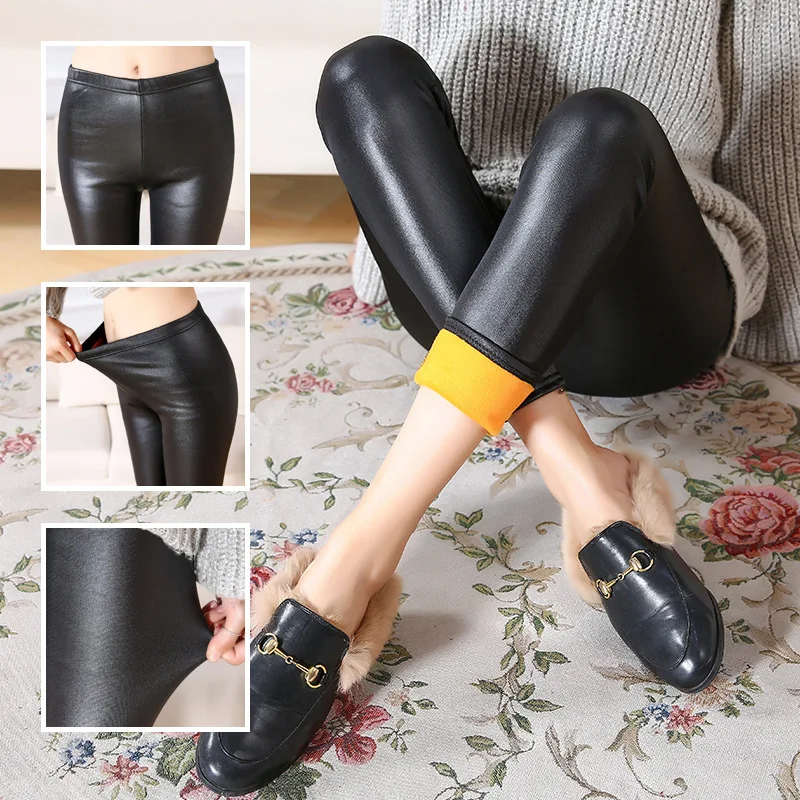 

Winter Warm Leggings Women Faux Leather Thick Velvet Thermal Pants Ladies Elastic High Waist Legging pantalon termico S-XXL