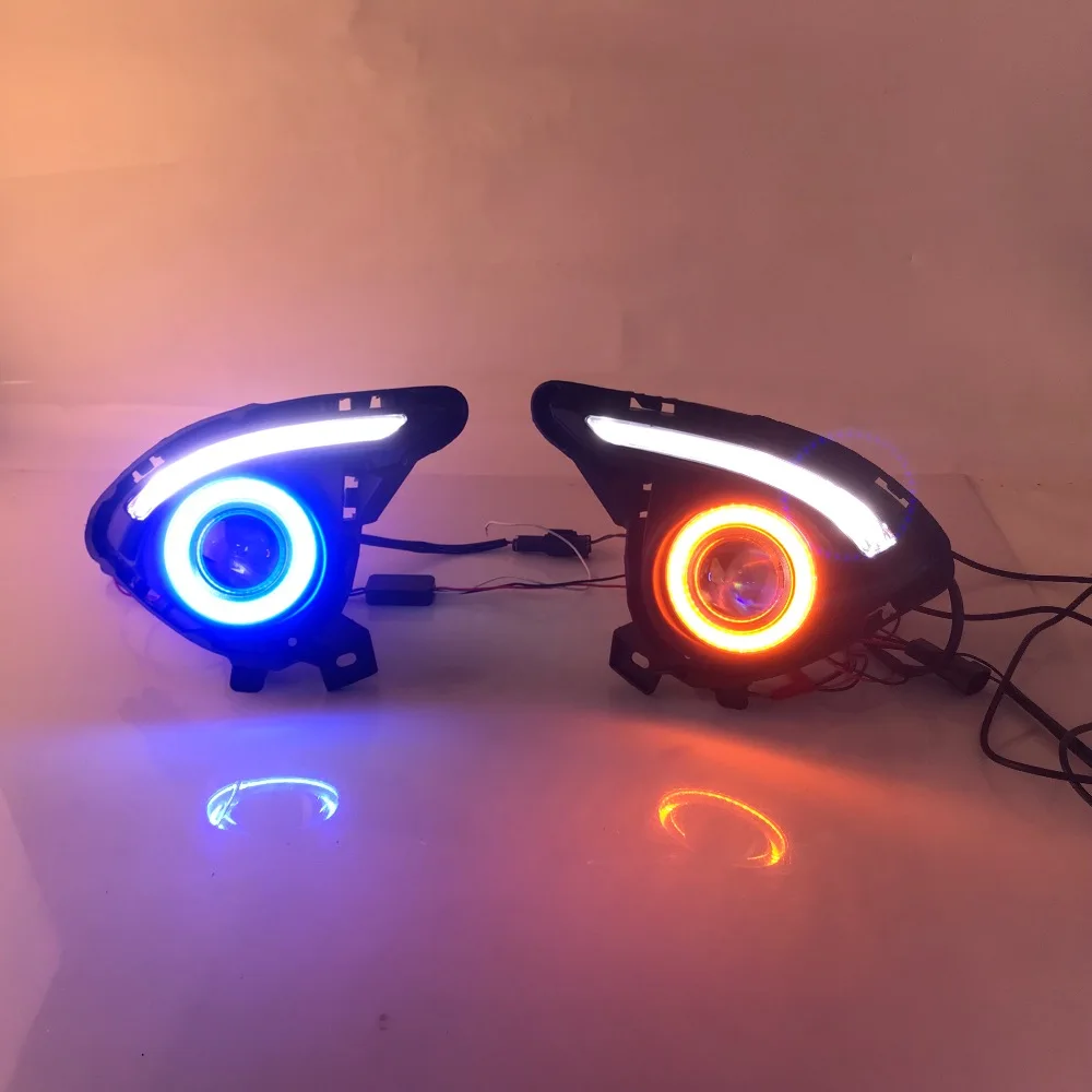RQXR противотуманная фара вождение свет в сборе для Mazda 2 demo cob angel eye led дневные ходовые огни сигнал поворота синий ночной режим