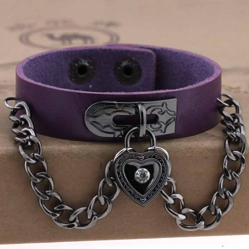 Purple Стразы, сердце, шипы, цепи, манжета, кожаный браслет, Femme, новейший в стиле панк, готика, рок, унисекс, браслеты, мужские ювелирные изделия - Окраска металла: Purple