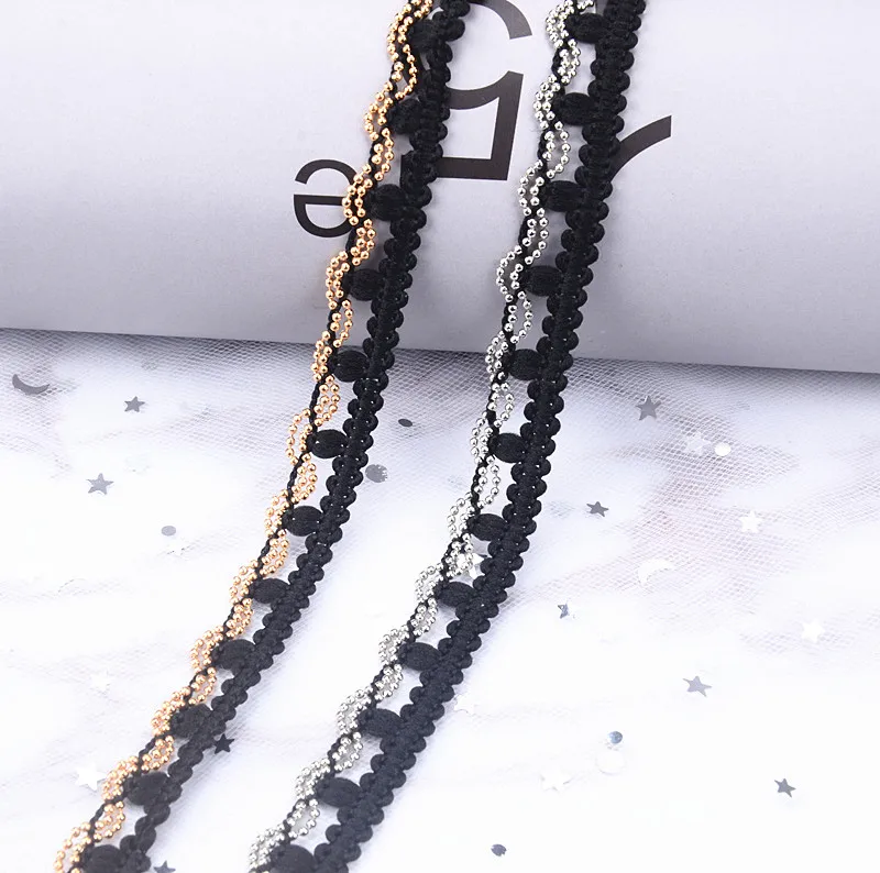 3 ярдов/партия черная тесемка с золотым бисером кружевная тесьма серебристыми