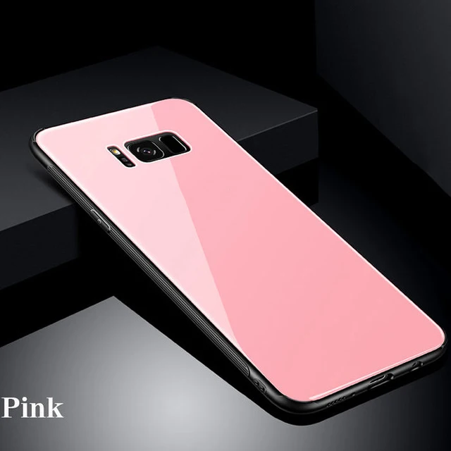 Закаленное Стекло+ противоскользящее покрытие tpu рамки для samsung S8 Galaxy S8 плюс S8+ защитный чехол для телефона с блестками Прозрачный мягкий тонкий чехол из силикона полное заднее покрытие - Цвет: Pink