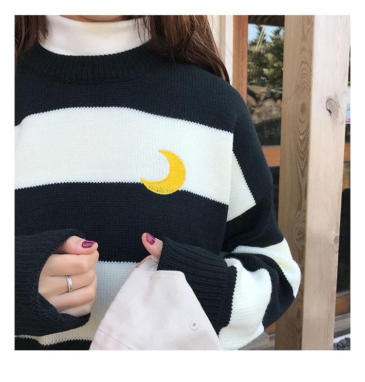 Harajuku модный полосатый вязаный женский свитер, милый студенческий свитер с вышитой луной, пальто в полоску, милый женский пуловер, свитер
