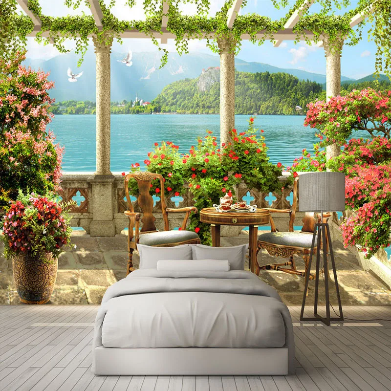 

Custom Photo Wallpaper 3D Stereo Balcony Lake Scenery Nature Mural Living Room Restaurant Backdrop Wall Decor Papel De Parede 3D