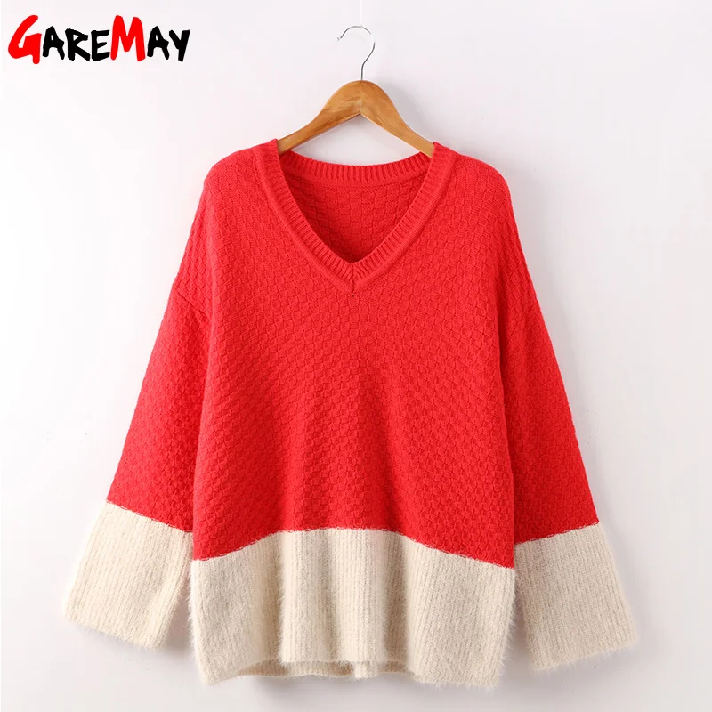 Garemay Women's Mohair Knitted Sweater Female Womens Oversized Sweaters And Pullovers V Neck Loose Patchwork Red | Женская одежда