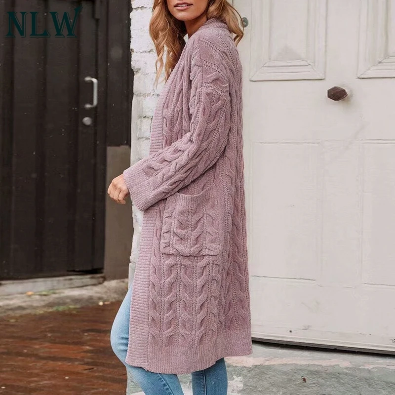 NLW Chenille Wool Long Pink Cardigans Women 2019 Autumn Winter Knitted White Pockets Cardigan Casual Loose High Quality |