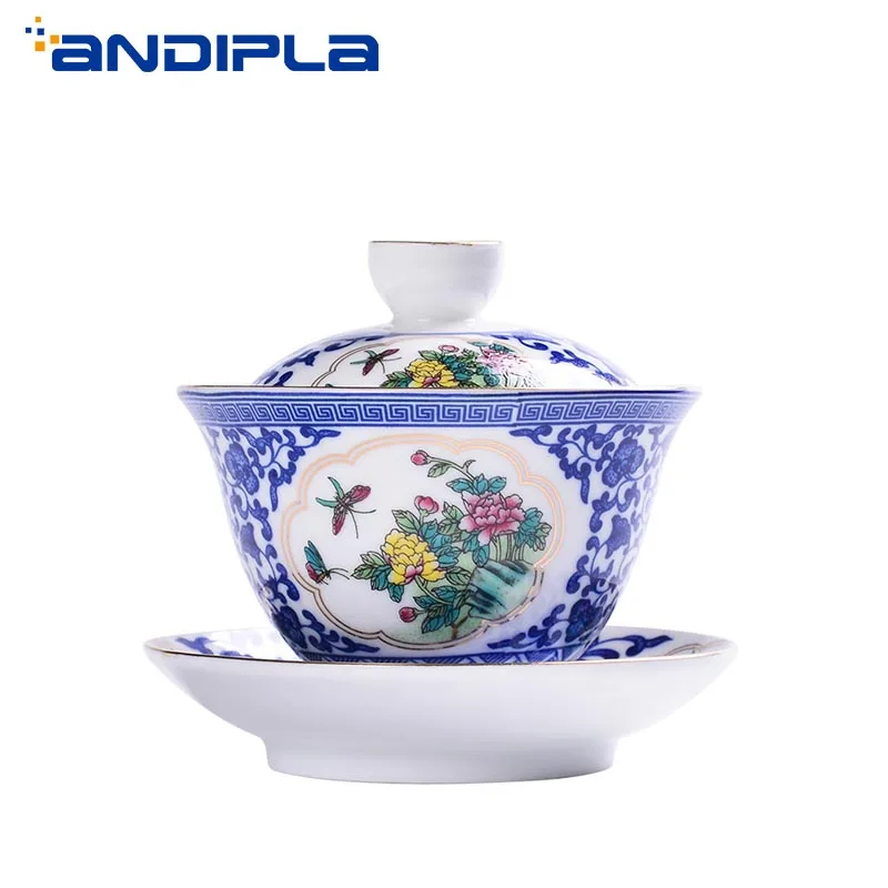 140 мл Цзиндэчжэнь сине-белый фарфор Gaiwan Крышка для чайника чаши и блюдце набор