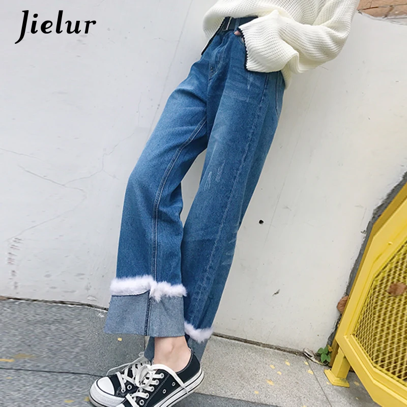 Jielur Harajuku Kawaii меховые манжеты широкие джинсы в Корейском стиле новые милые с
