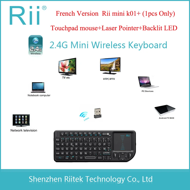 Rii mini k01+ Беспроводная клавиатура 2.4G с подсвечивающимся LED тачпадом для ПК/Android/TV