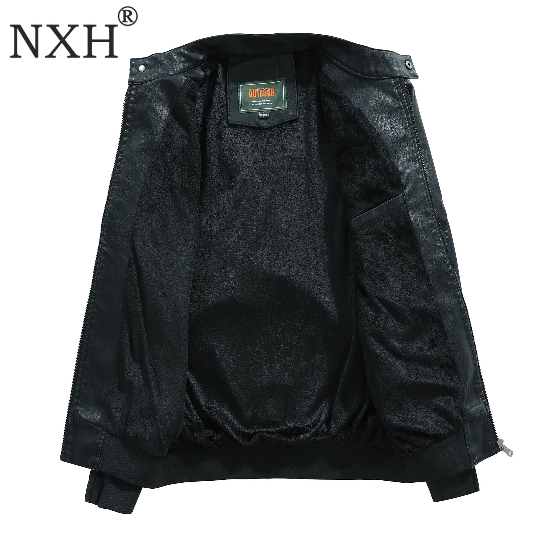 NXH кожаная куртка стойка для мужчин Байкерская и шерстяная с подкладкой зимняя бархатная из искусственной