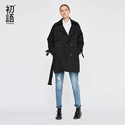 Toyouth эластичный пояс Тренч для Для женщин Британский двубортные плюс Размеры золото пальто Abrigo Mujer - Цвет: Черный