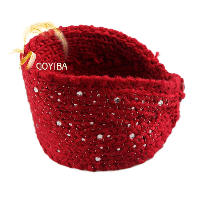 Purplish Red GOYIBA, 11 цветов, женская вязаная головная повязка со стразами, вязаная головная повязка с пуговицей, повязка на голову, грелка для ушей, тюрбан, повязка для волос 17,52*4,13" - Цвет: Purplish Red