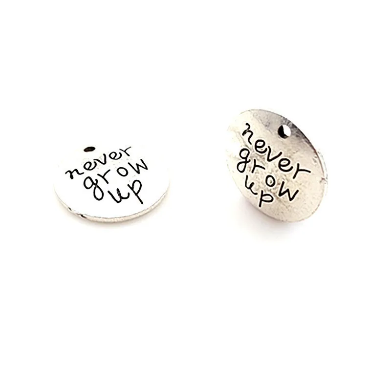 2021 Hot selling 10 pcs/Lot 20mm Antique Silver plated colou letters printed never grow up charm round disc message charms