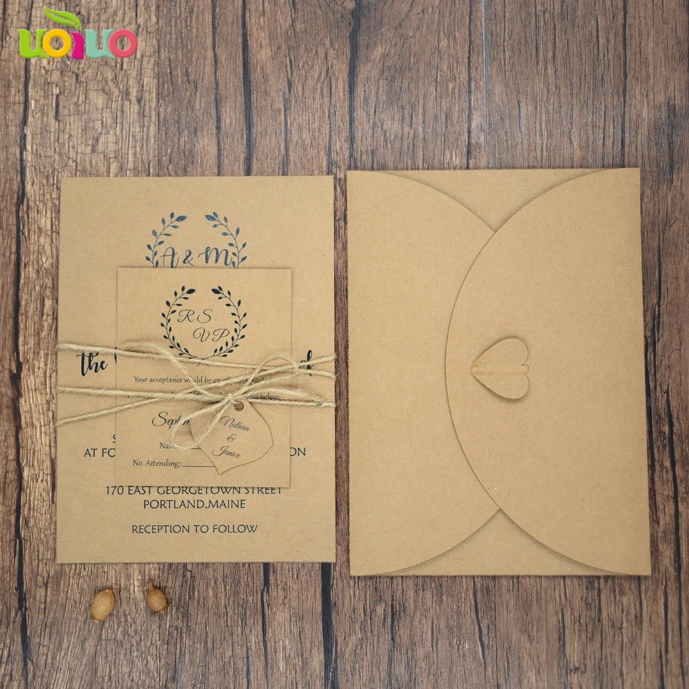 

50pc print Kraft Wedding Invitation Cards Kraft Envelope print rsvp hemp rope print tag for Wedding Decoration Festive Supplies