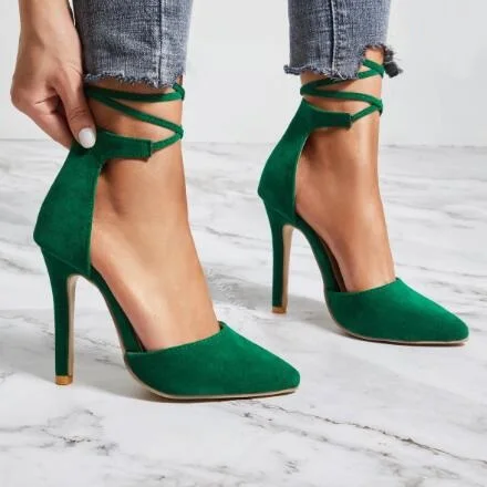 

Classic Style Women Solid Green Black Suede Leather Sandals Sexy Pointed Toe Ankle Crossed Tied High Thin Heels Dress Shoes