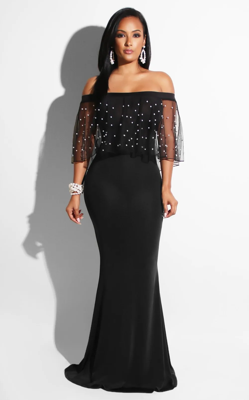 IDress S-4XL женское черное длинное платье плюс размер оборки бисером с открытыми плечами с юбкой-годе платье для вечерней вечеринки короткий рукав Vestidos