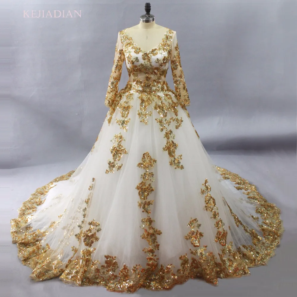 Vestidos De Boda размера плюс Удивительное белое свадебное платье расшитое золотистым