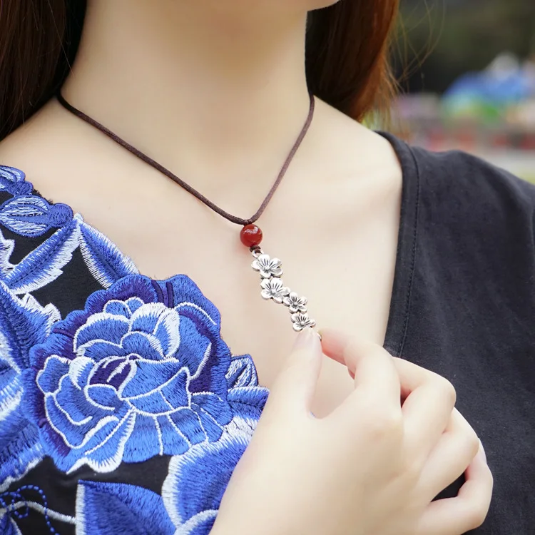 Simple Trendy Tibetan Silver Flower Styling Initial Necklace Jewelry Vintage Natural Red Stone Women's Necklaces Pendants | Украшения и