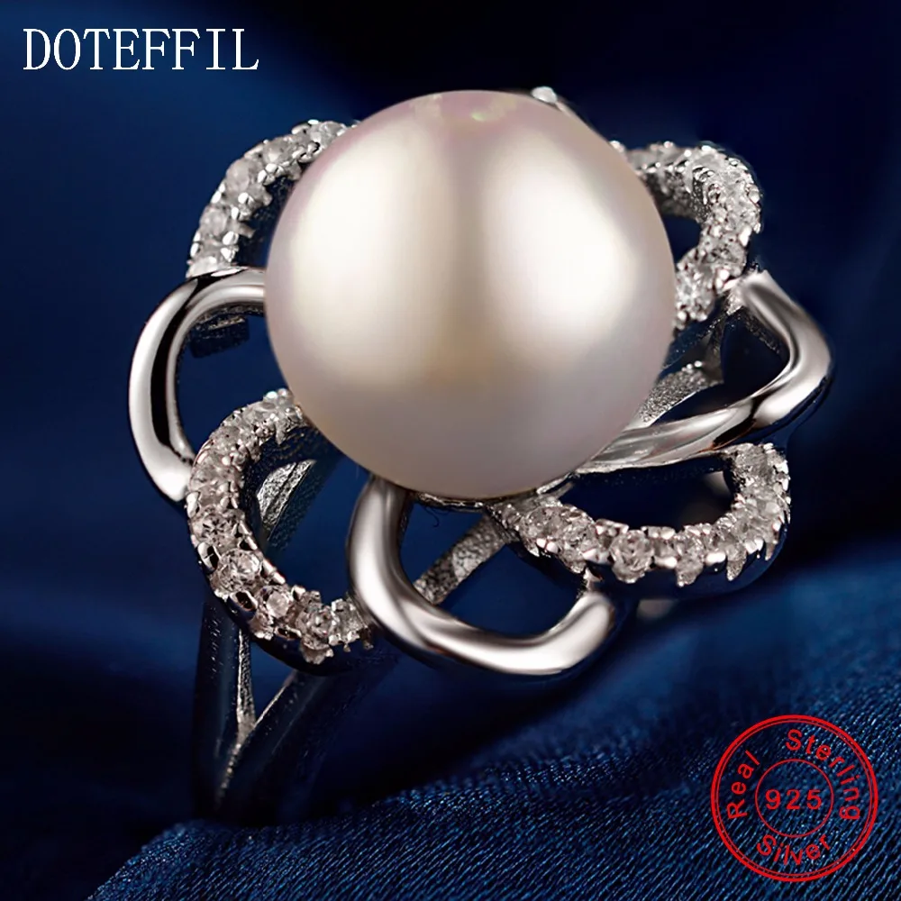 Женское кольцо из серебра 100% пробы с жемчугом 10 мм|silver jewelry|flower ringfashion rings women |