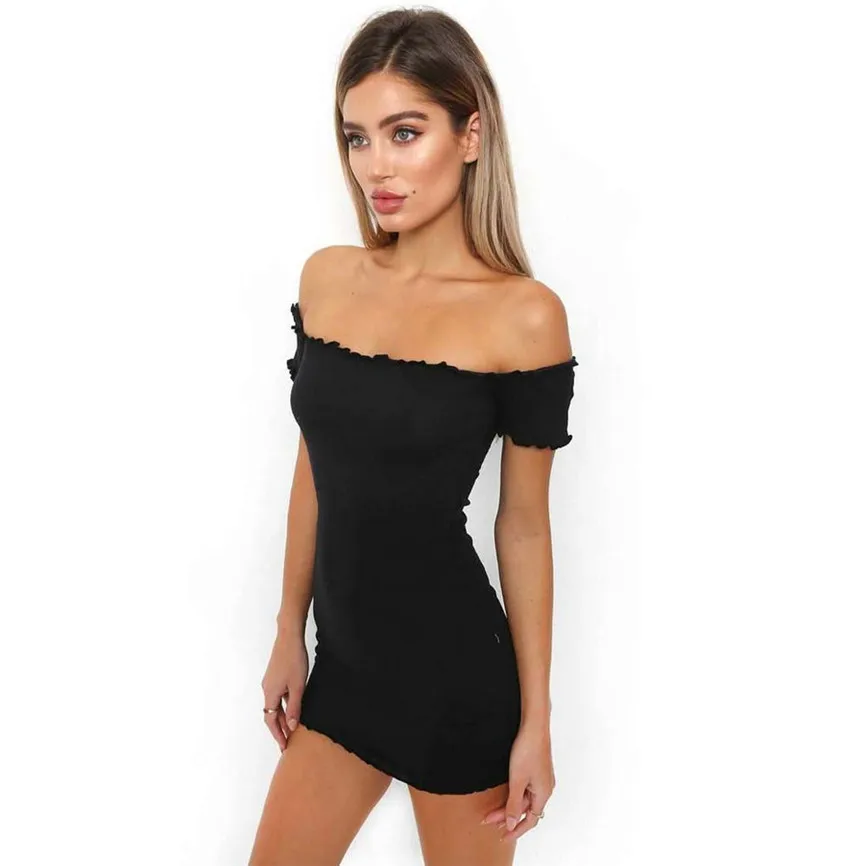 Summer Women Off Shoulder Mini Dress Ladies Short Sleeve Crimping Party 2019 Evening | Женская одежда