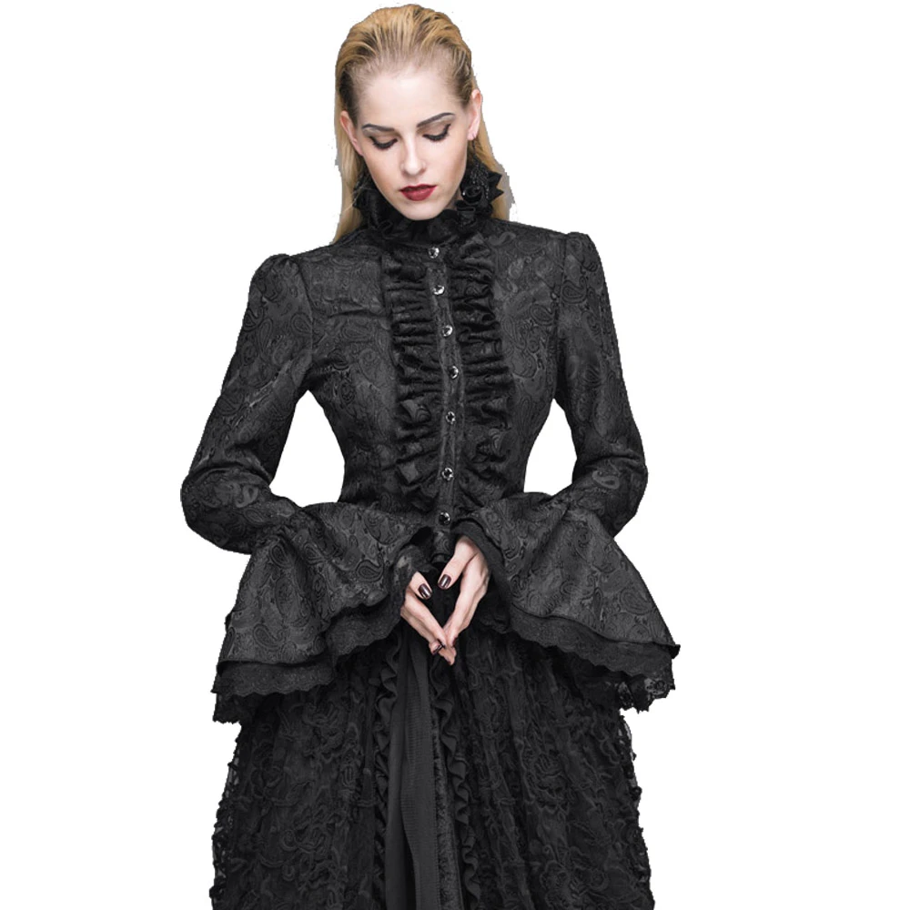 

Palace Women's Lotus Leaf Sleeve Tie Shirts Steampunk Batwing Sleeve Slim Blouses Tops Ruffle Black And White Party Blouses