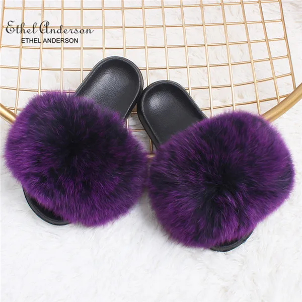Speckle Purple Color Новинка года; шлепанцы с натуральным лисьим мехом; шлепанцы для дома и улицы; женские меховые сандалии; обувь на плоской подошве; - Цвет: Speckle Purple Color