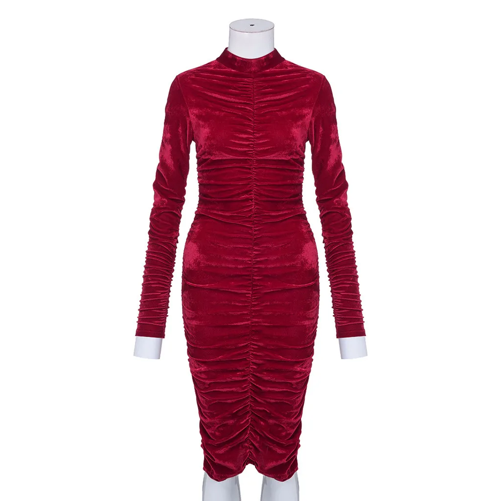 Красный Модные женские туфли платье Vestido Invierno Зимние Женские однотонные с высоким, плотно облегающим шею воротником облегающее платье с рюшами, вечернее платье в обтяжку ягодицы платье красные платья для женщин - Цвет: Красный