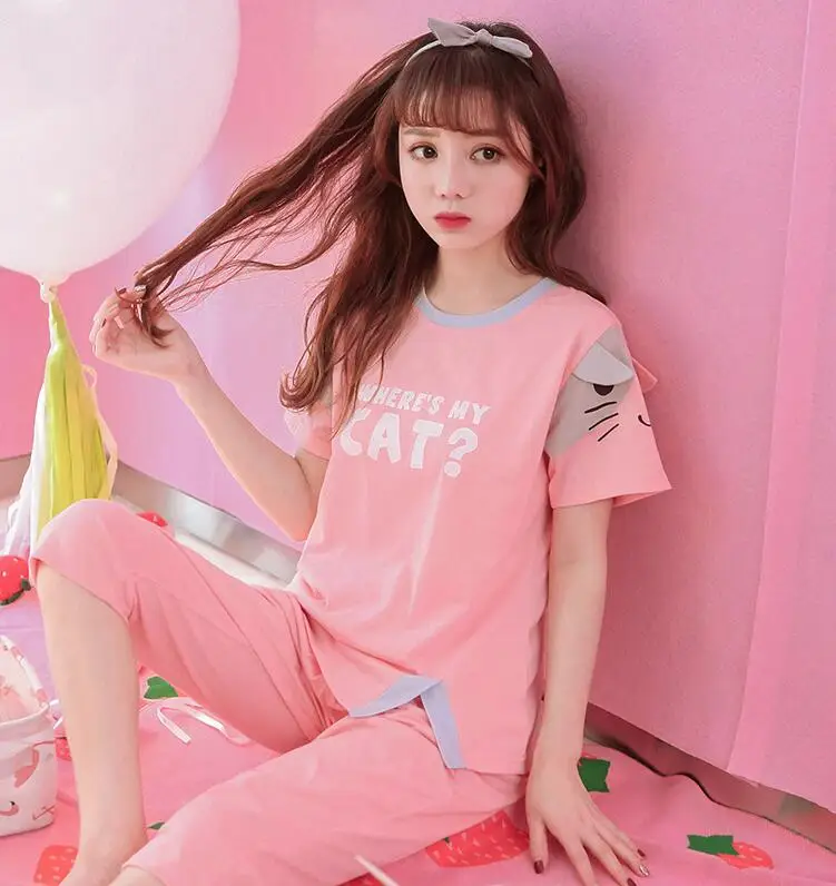 Женский пижамный комплект хлопковая ночная рубашка с мультяшным рисунком пижама