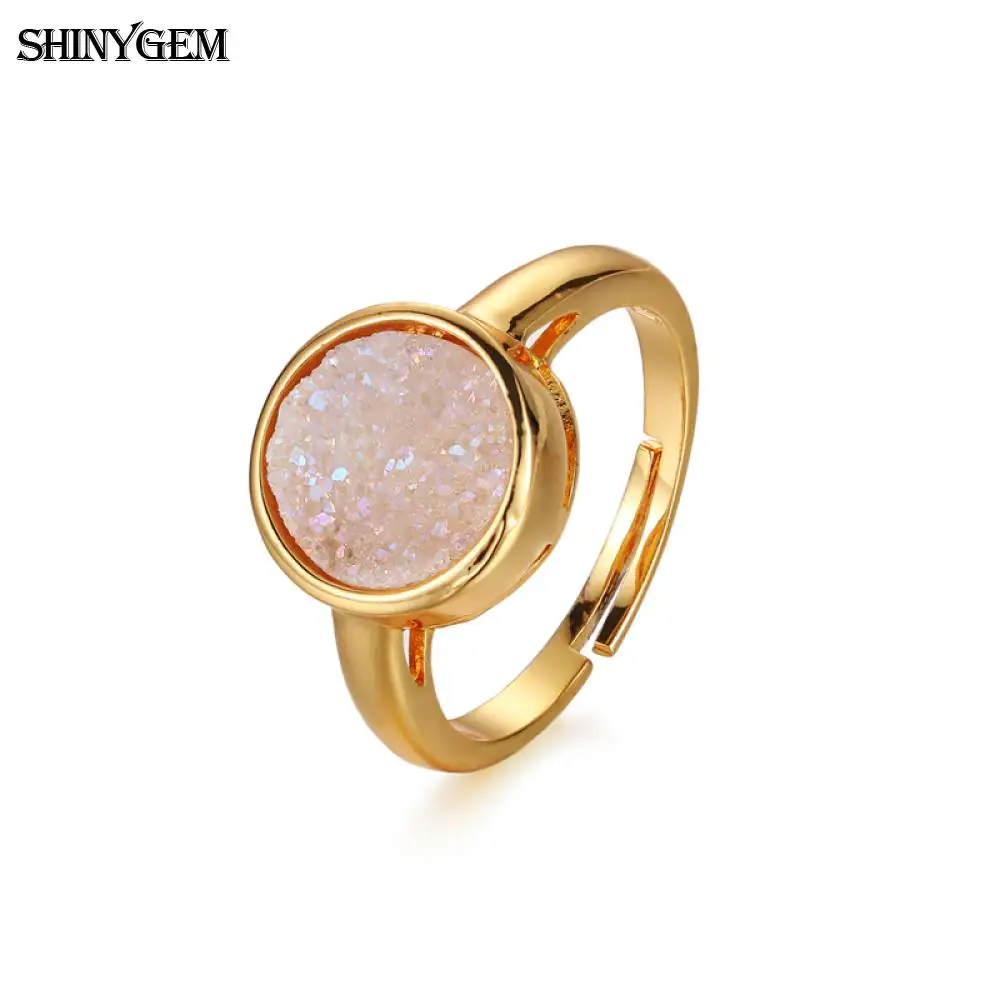 ShinyGem винтажные кольца с натуральным кристаллом Druzy круглые регулируемым золотым