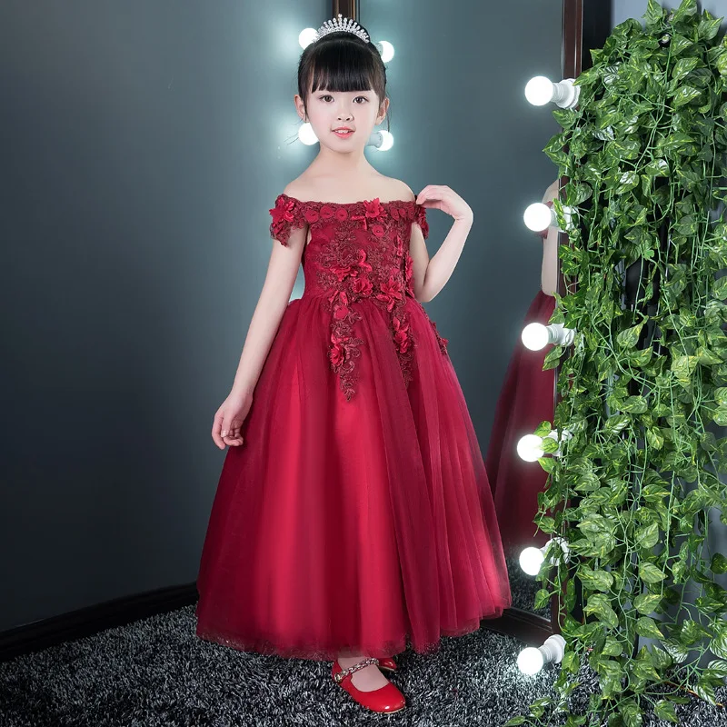 

Burgundy Shoulderless Flower Girl Dresses for Wedding Appliques Long Holy Communion Dress Ball Gown Kids Birthday Princess Dress