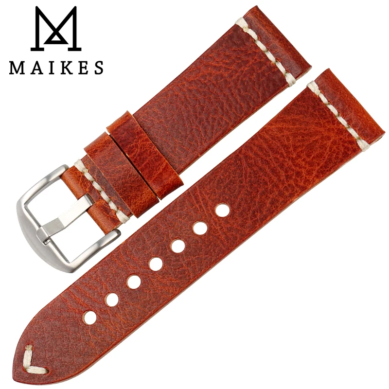 Ремешок для часов MAIKES из натуральной кожи винтажный серебристый черный браслет с