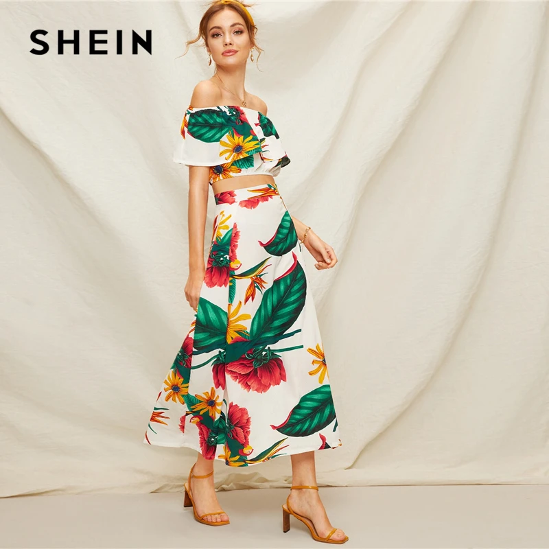 SHEIN модная блузка с тропическим принтом, топ и длинная юбка с разрезом по бокам, Женский комплект 2 шт., летний комплект из двух предметов в стиле бохо