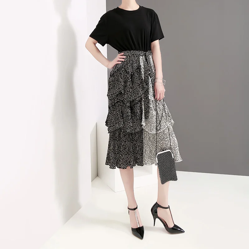 Новинка 2019 женское летнее Черное Шифоновое Платье в Корейском стиле круглый