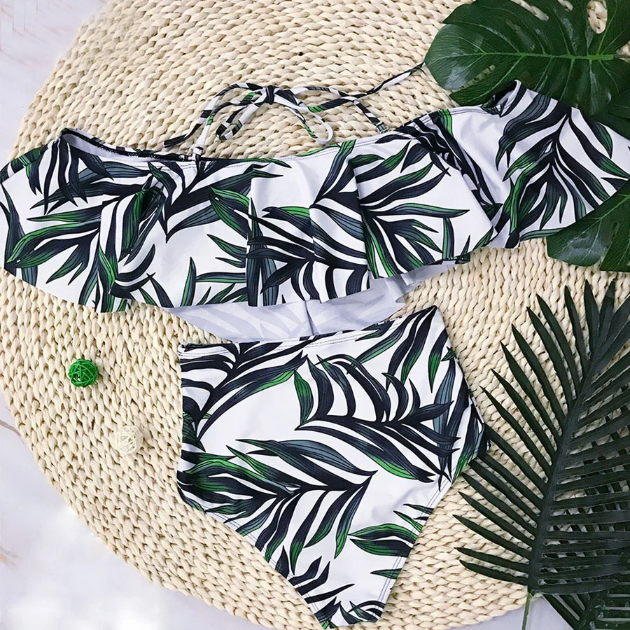 

2018 Ruffle High Waisted Split Body Bikinis Push Up Padded Swimsuit Swimwear Bathing Suits Vintage Bandeau Printed Sexy Backless