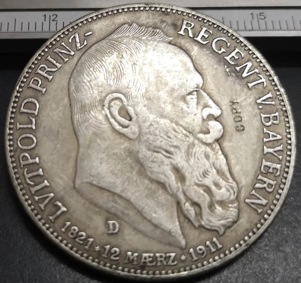 1911 D Королевство Бавария 5 Марк Отто Посеребренная копия редкая